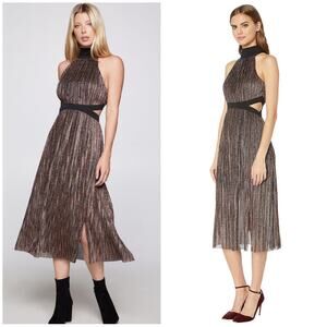 NWT BCBGeneration Mock Neck Bow Back Midi Dress Size 10 Metallic Striped Cut Out